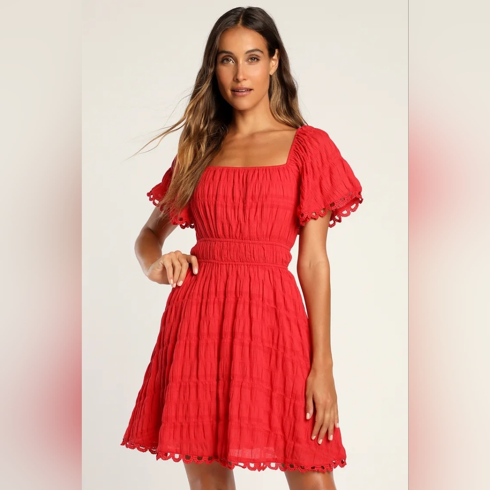 NWOT Lulus Cute in Cancun Red Smocked Short Sleeve Lace-Up Mini Dress